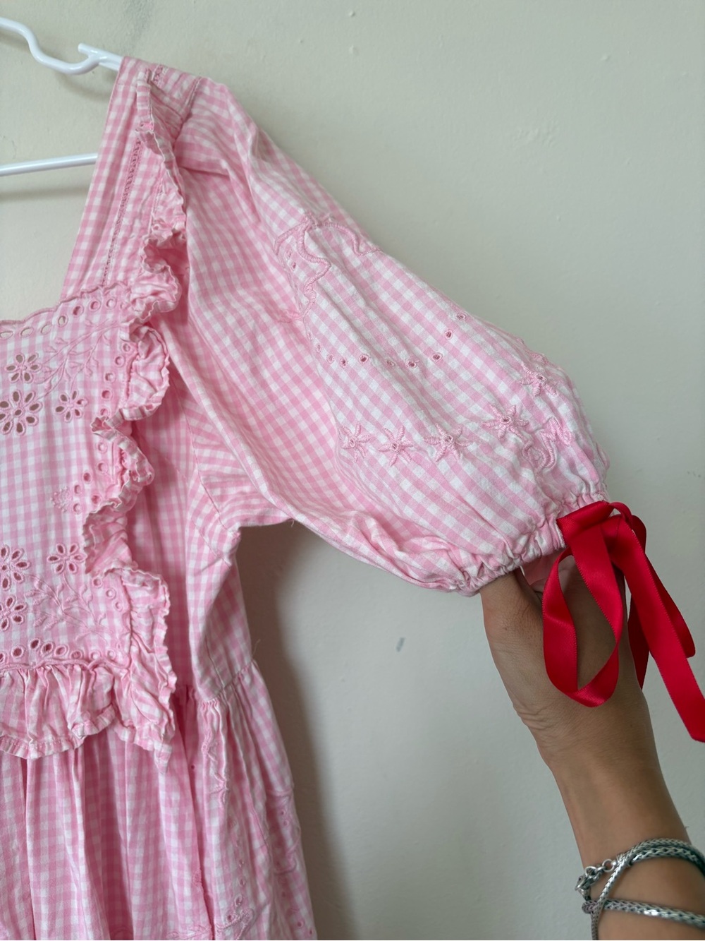 Damson Madder Rhea Puff-Sleeve Midi Dress Pink Gingham Sz US 10 - Picture 10 of 16